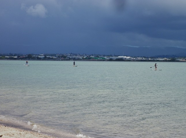 Sunny foreground with rain clouds on the horizon on a calm Saturday at Pt Chevalier beach